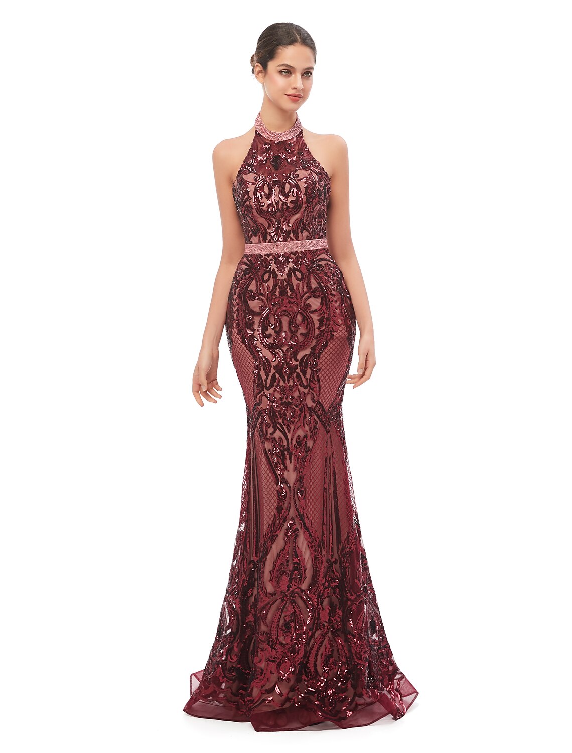 Meerjungfrau/Trompete Abendkleid Schönes Rückenkleid Ballkleid Bodenlang Ärmellos Neckholder Pailletten mit Pailletten
